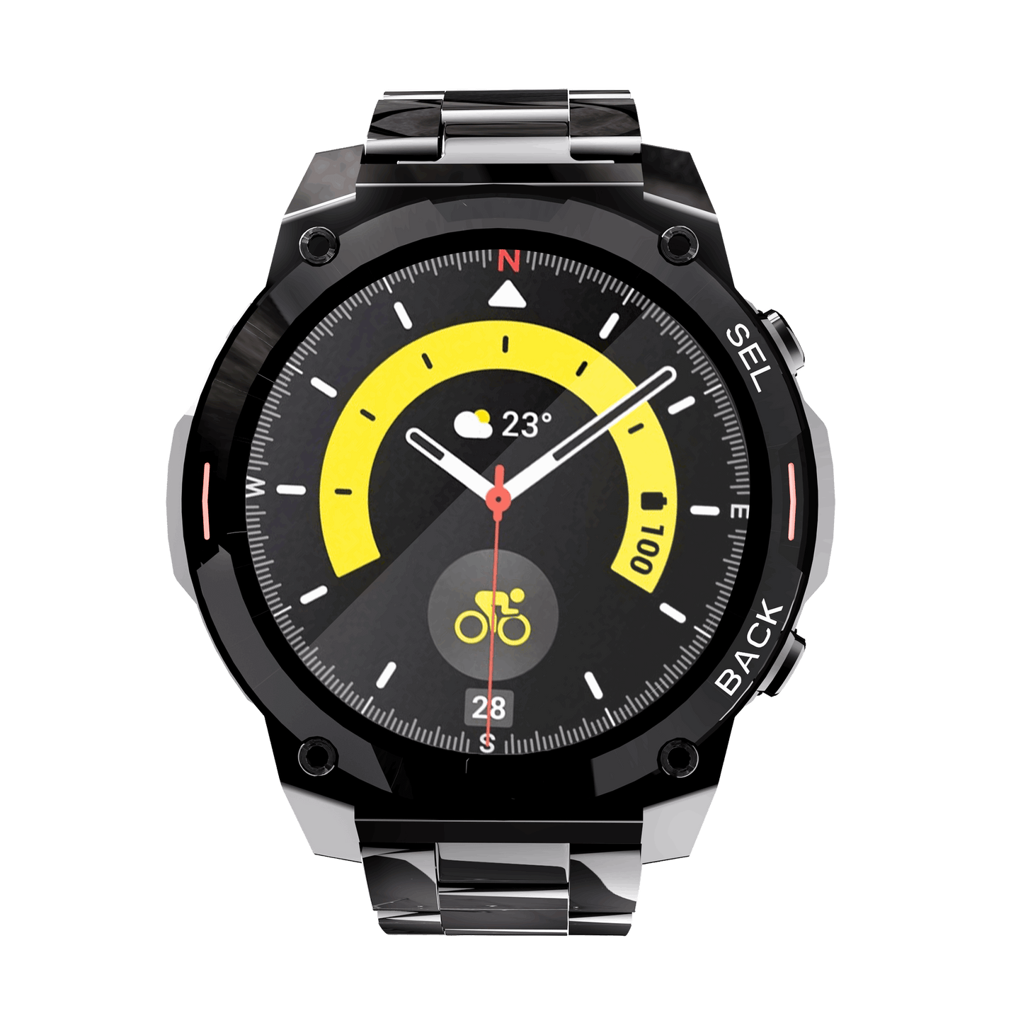 Black metallic RONiN R-011 Luxe Smart Watch, combining stylish design with advanced smart features like call notifications.