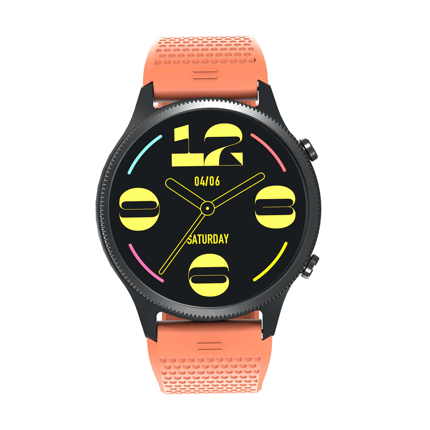 RONiN R-010 Smart Watch with a nickel black dial and orange silicone strap, featuring a 1.43-inch AMOLED display.