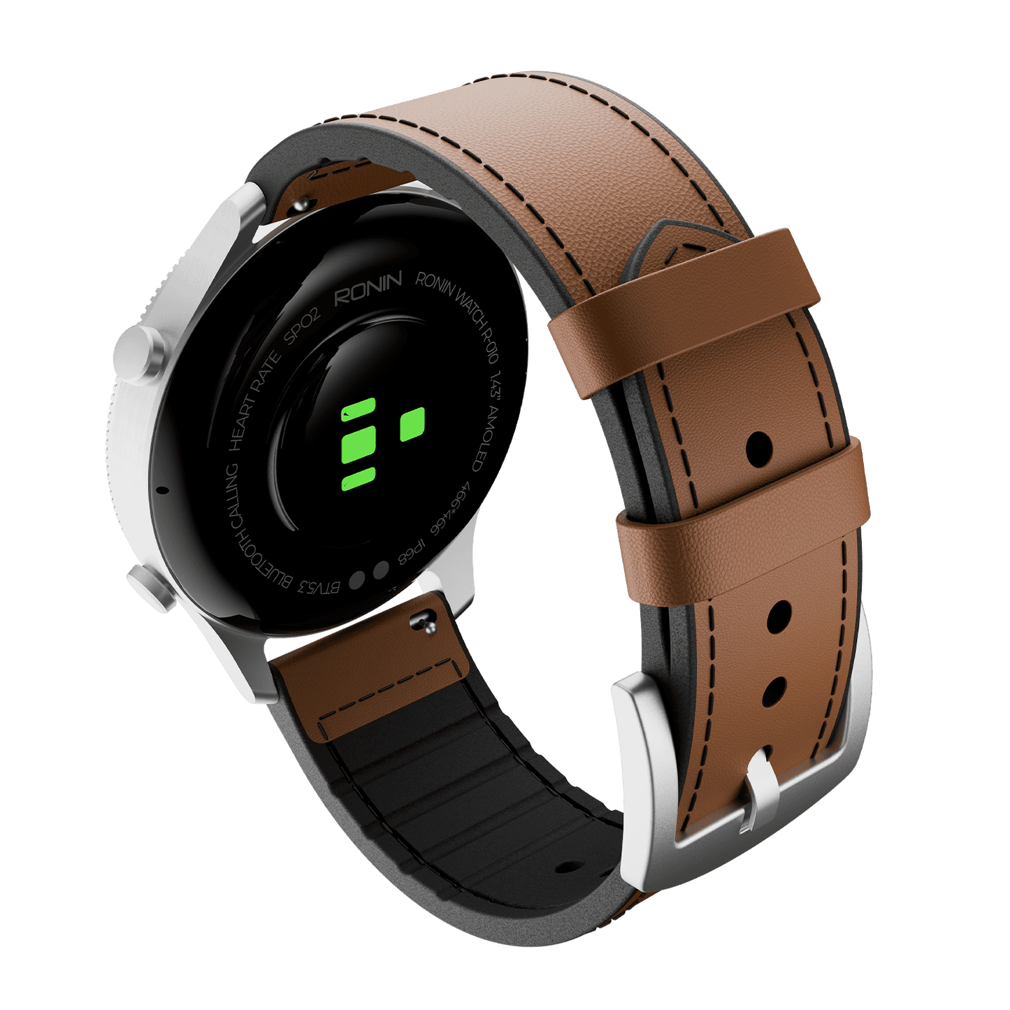 RONiN R-010 Ultra Smart Watch in silver paired with a brown leather strap, offering style and comprehensive fitness monitoring.