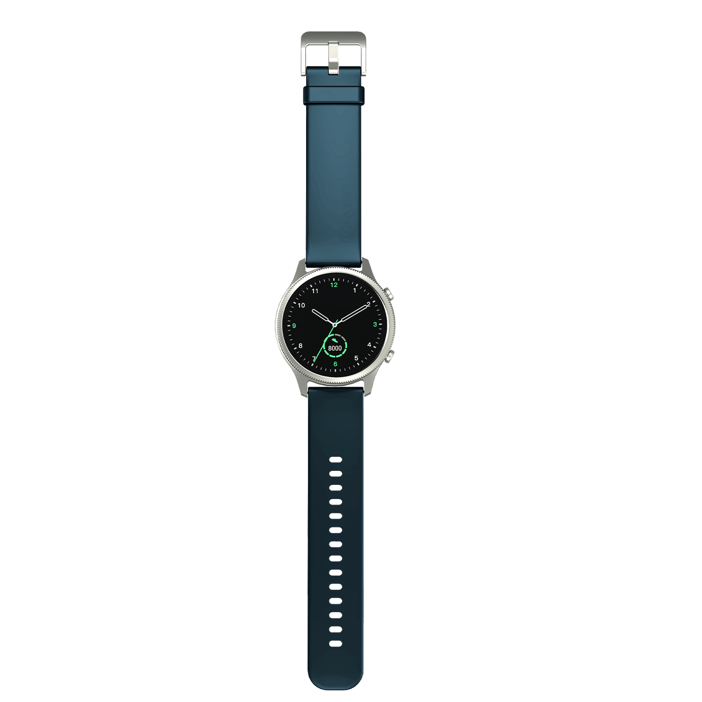 RONiN R-010 Smart Watch in nickel with teal strap, showcasing its advanced health monitoring sensors.