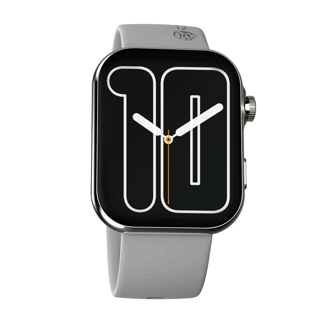 RONiN R-09 Smart Watch with silver nickel finish and grey strap, featuring a vibrant AMOLED display for easy readability.