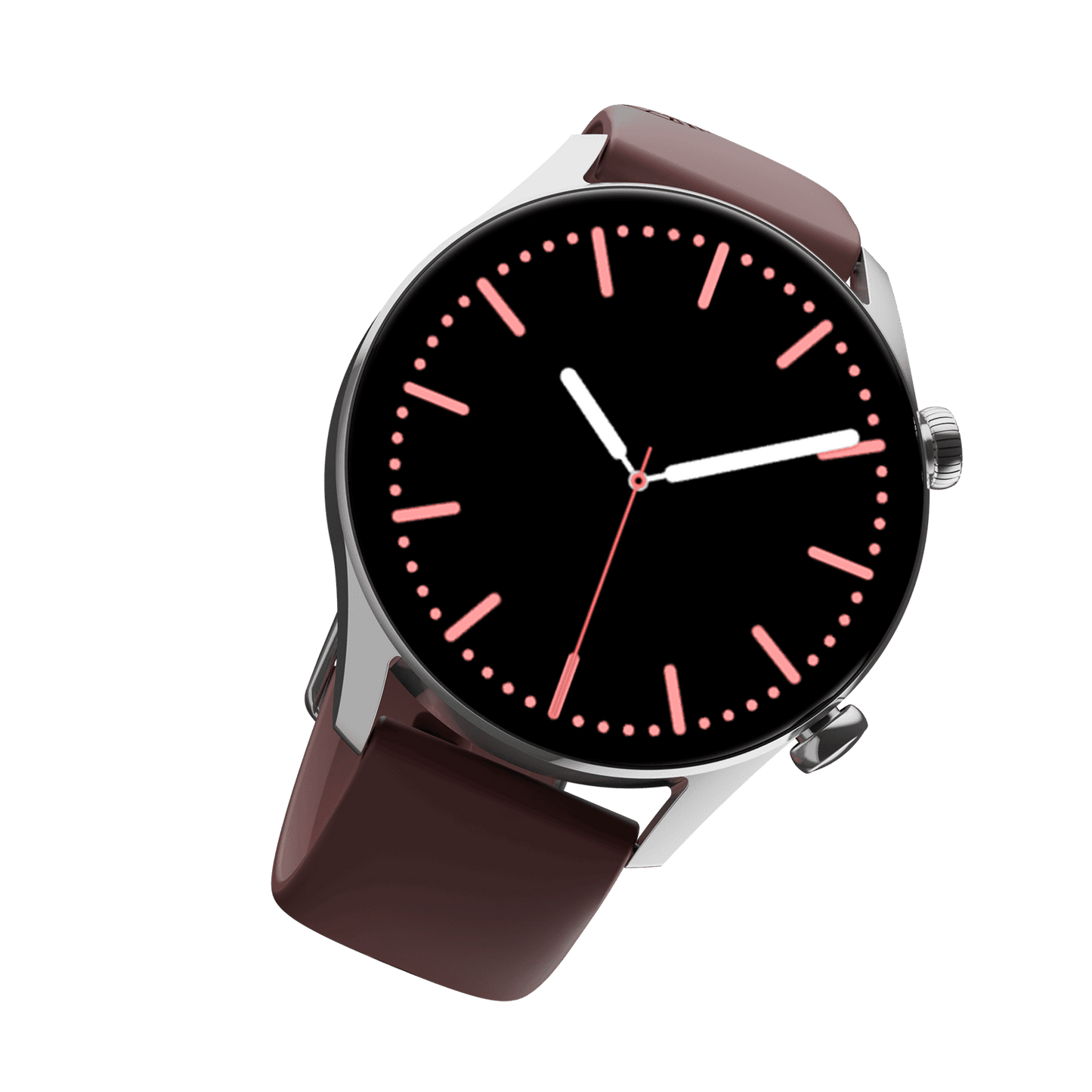 RONiN R-08 Smart Watch with a silver dial paired with a deep maroon strap, providing a stylish accessory equipped with advanced functionalities.