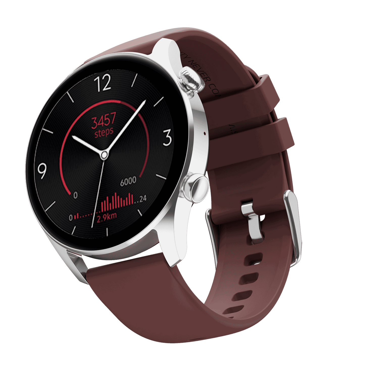 RONiN R-08 Smart Watch with a silver dial paired with a deep maroon strap, providing a stylish accessory equipped with advanced functionalities.