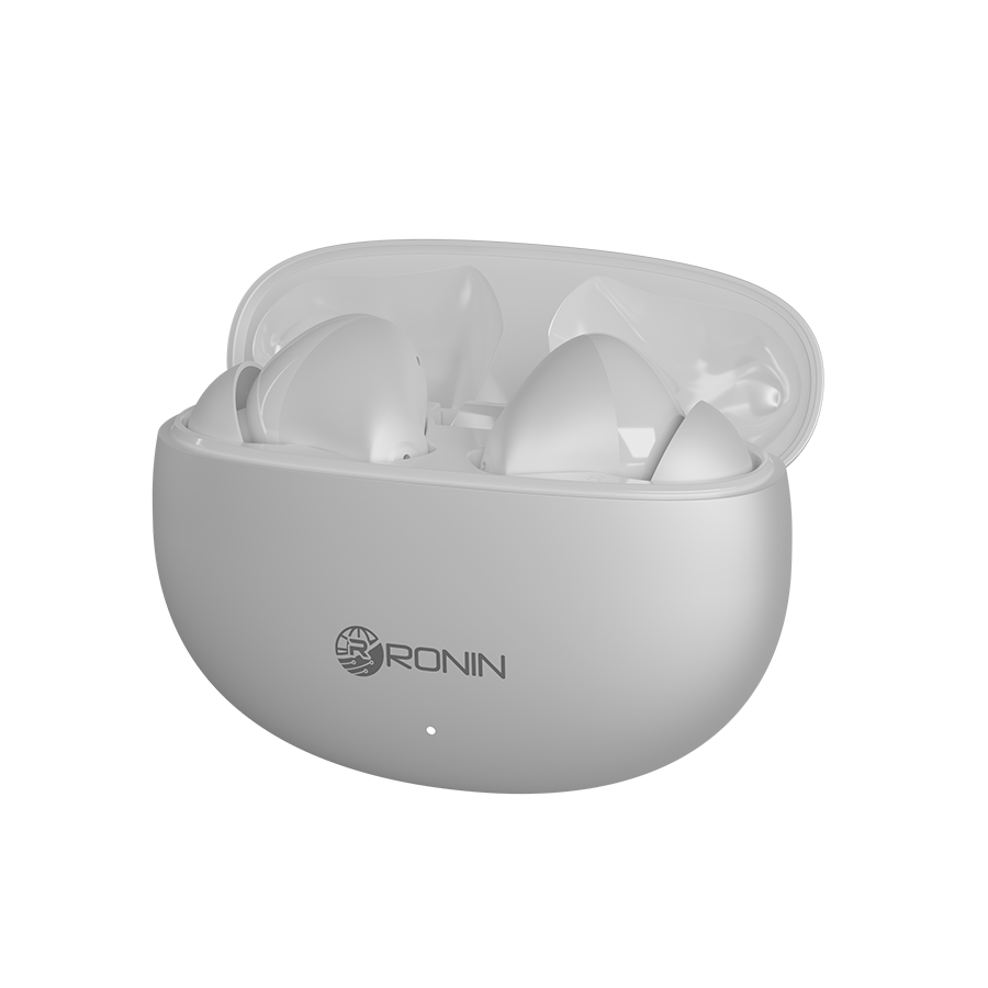 RONiN R-7030 earbuds in white, designed for comfortable wear with a secure in-ear fit and IPX4 water resistance.