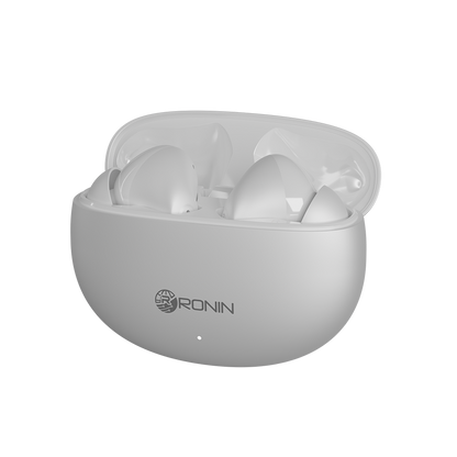 RONiN R-7030 earbuds in white, designed for comfortable wear with a secure in-ear fit and IPX4 water resistance.