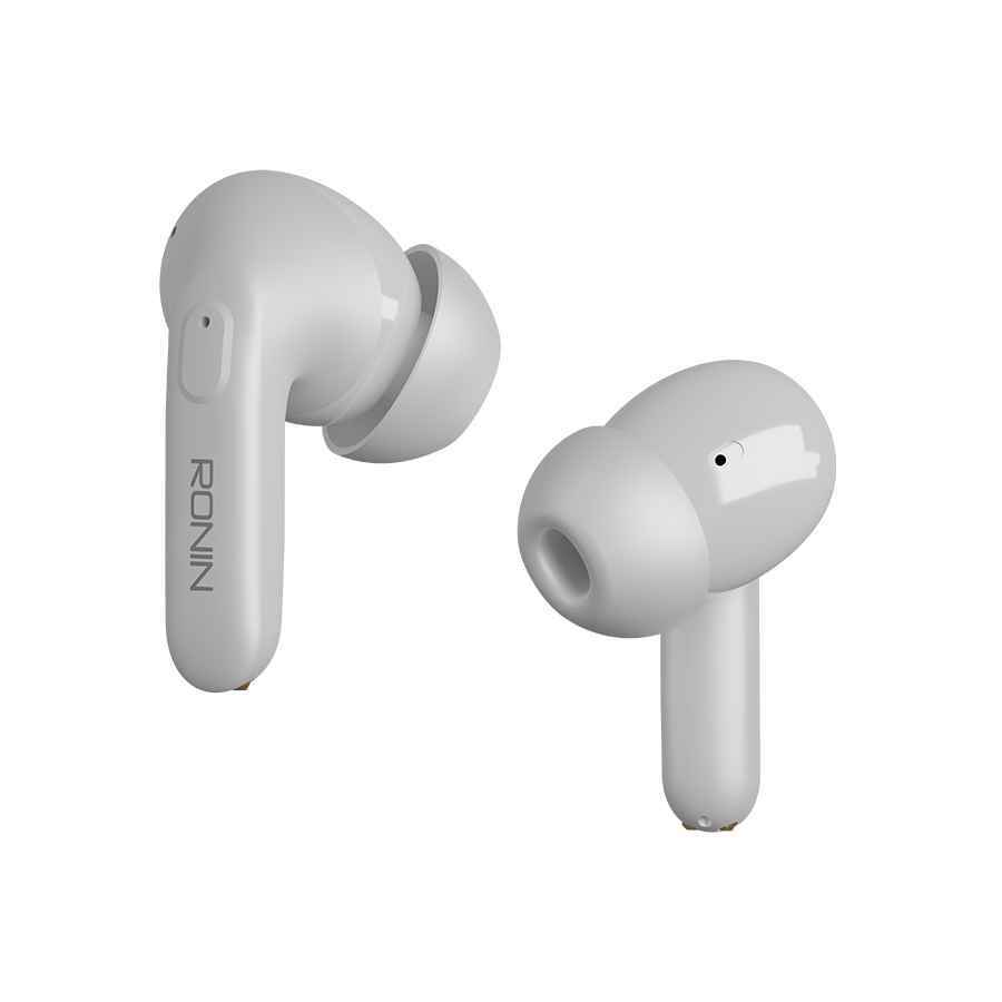 RONiN R-7030 earbuds in white, designed for comfortable wear with a secure in-ear fit and IPX4 water resistance.