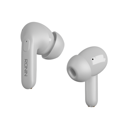 RONiN R-7030 earbuds in white, designed for comfortable wear with a secure in-ear fit and IPX4 water resistance.