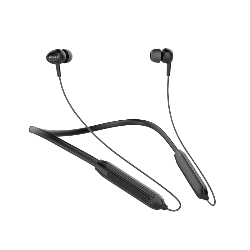 RONiN R-970 wireless neckband in black, featuring a flexible collar and soft bass sound system for comfortable, high-quality listening.