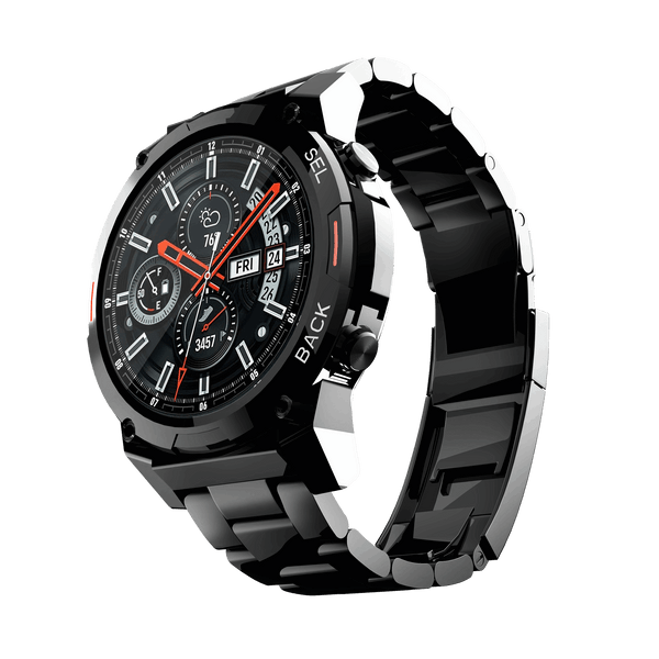 Black metallic RONiN R-011 Luxe Smart Watch, combining stylish design with advanced smart features like call notifications.
