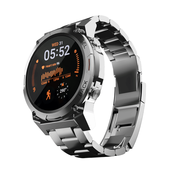 RONiN R-011 Luxe Smart Watch in silver with heart rate and step tracking, ideal for fitness enthusiasts.