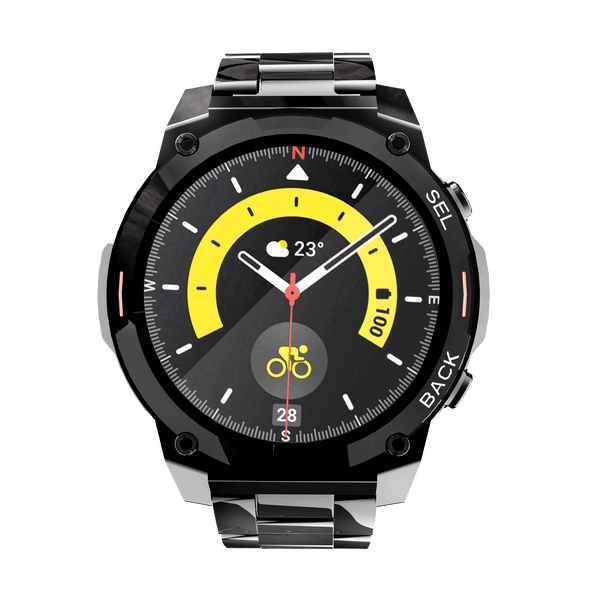 Black metallic RONiN R-011 Luxe Smart Watch, combining stylish design with advanced smart features like call notifications.