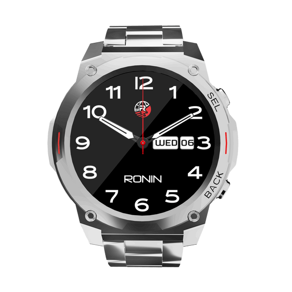 RONiN R-011 Luxe Smart Watch in sleek silver, featuring a metallic finish and premium design with AMOLED display.