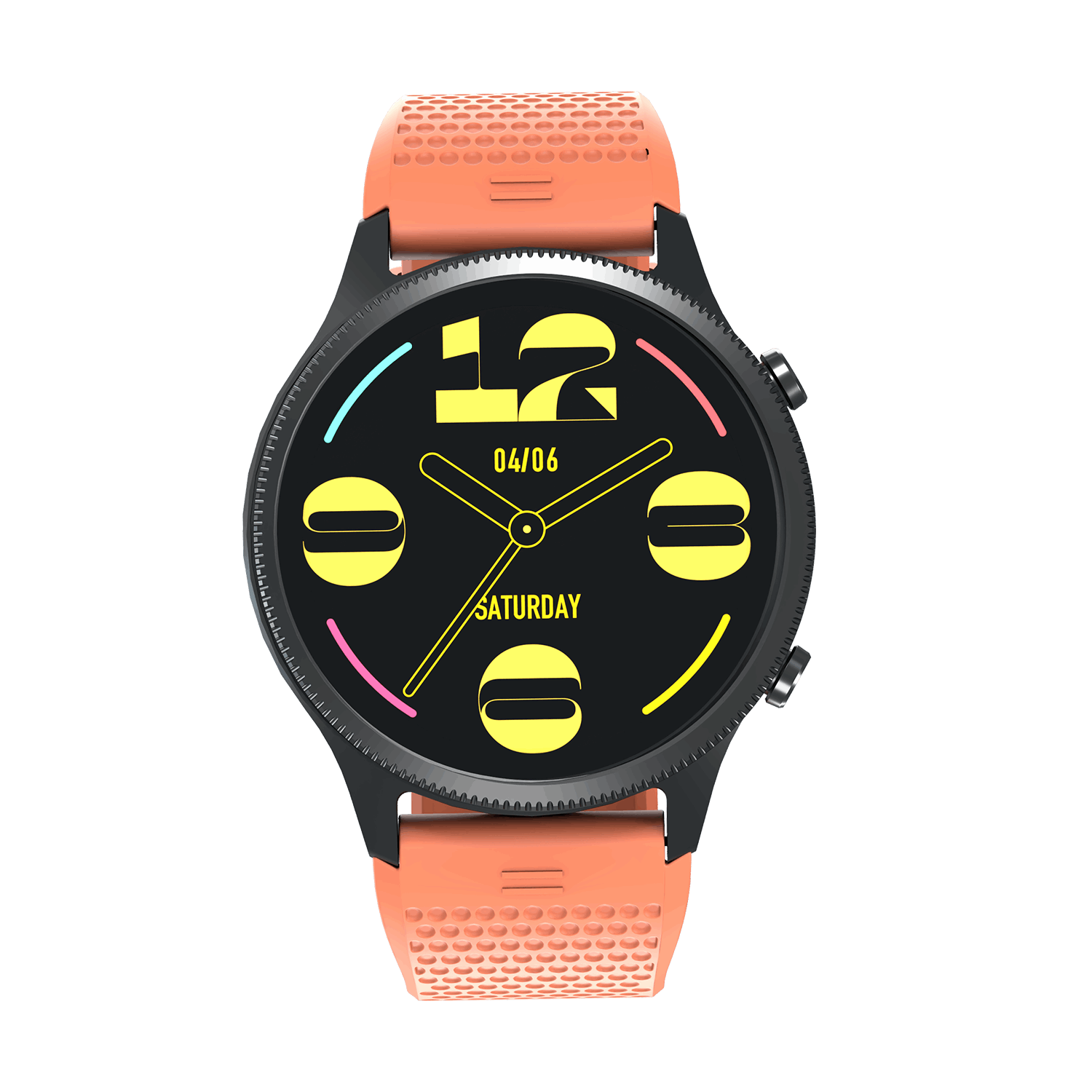 RONiN R-010 Smart Watch with a nickel black dial and orange silicone strap, featuring a 1.43-inch AMOLED display.