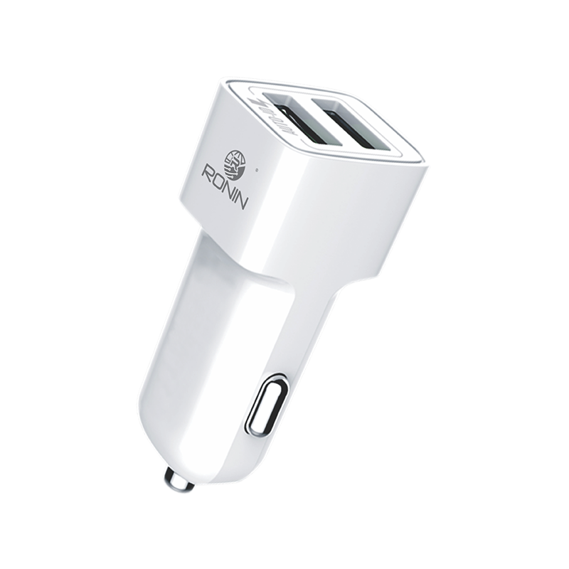 RONiN R-411 Auto-ID Car Charger with dual USB ports, 2.4A output for fast charging in vehicles.