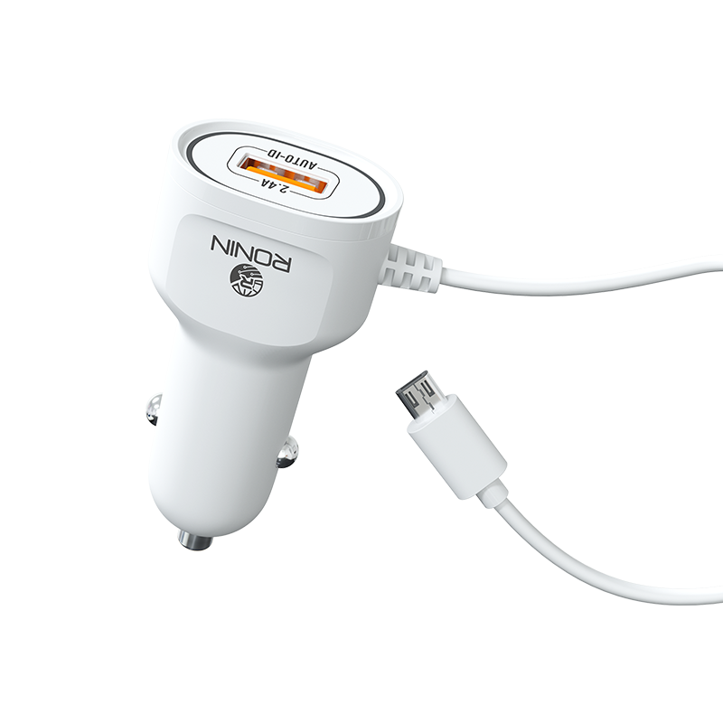 RONiN R-545 Car Charger 2.4A available for Micro-USB, offering fast and reliable in-car charging for various devices, with a compact and durable white design.