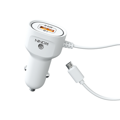 RONiN R-545 Car Charger 2.4A available for Micro-USB, offering fast and reliable in-car charging for various devices, with a compact and durable white design.