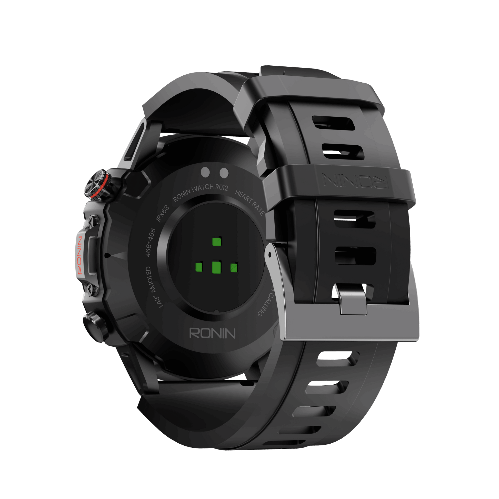 Black RONiN R-012 Rugged Smart Watch with a durable case and silicone strap, built for outdoor adventures.