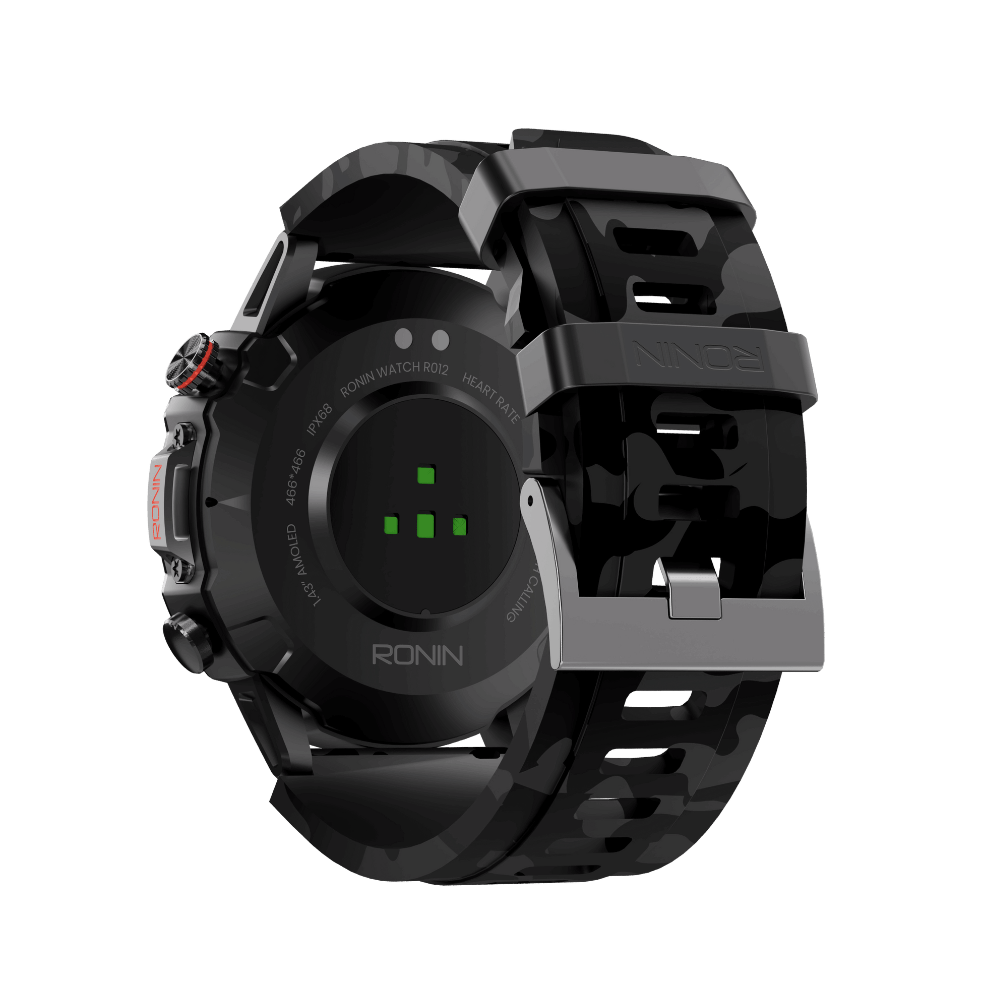 RONiN R-012 Rugged Smart Watch in black, showcasing a digital display with step tracking and heart rate monitor.