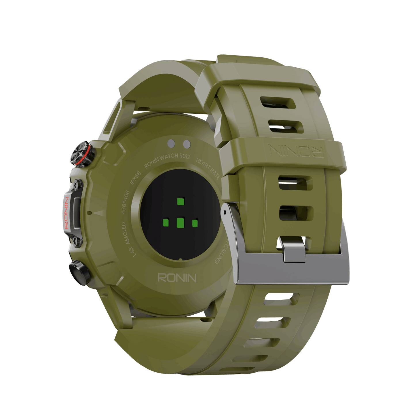 Green RONiN R-012 Rugged Smart Watch, equipped with IP68 water resistance and a sporty silicone strap.