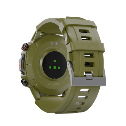 Green RONiN R-012 Rugged Smart Watch, equipped with IP68 water resistance and a sporty silicone strap.