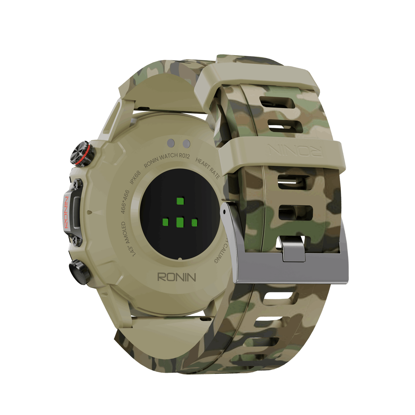 Green RONiN R-012 Rugged Smart Watch, equipped with IP68 water resistance and a sporty silicone strap.