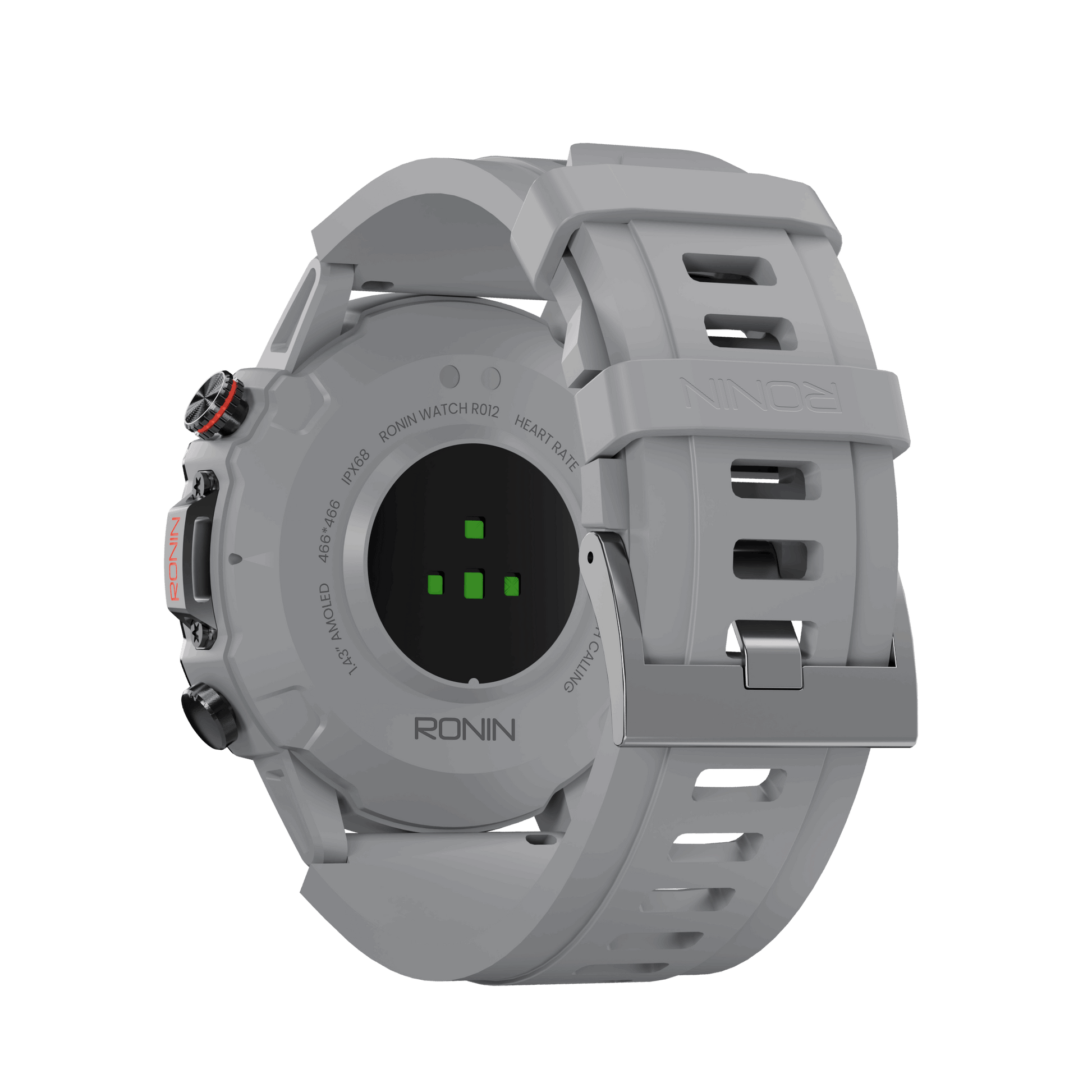 Silver RONiN R-012 Rugged Smart Watch, featuring a 1.43-inch AMOLED display and multiple health monitoring features.