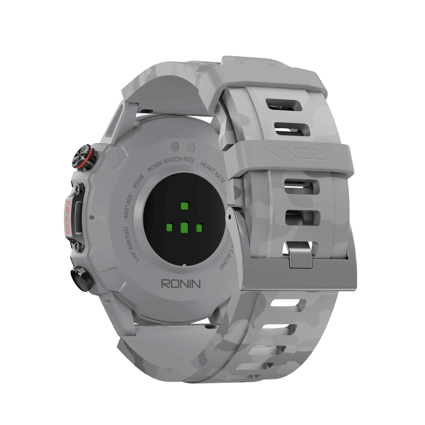 Silver RONiN R-012 Smart Watch, IP68 rated for water resistance, perfect for fitness and health tracking.