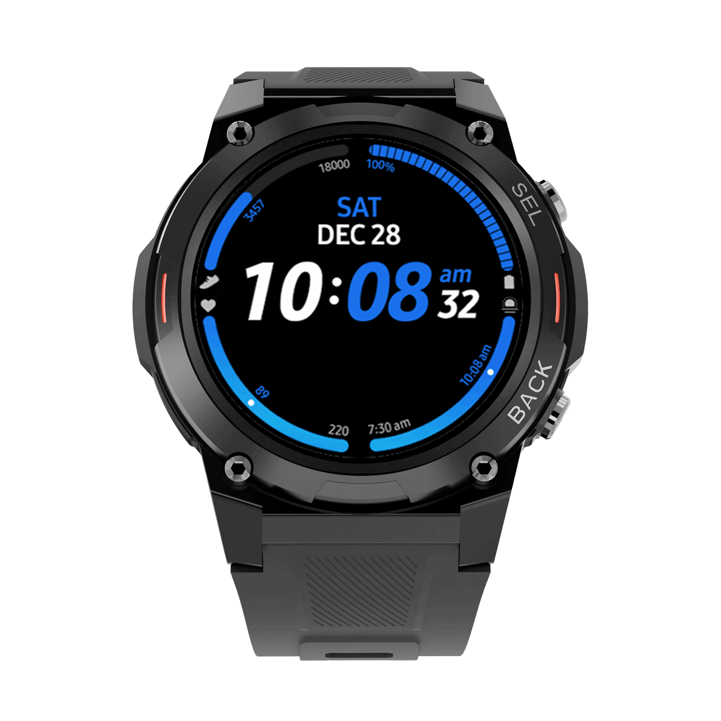 RONiN R-011 smartwatch with a black dial and black silicone strap, featuring a sleek metallic finish and advanced health tracking.