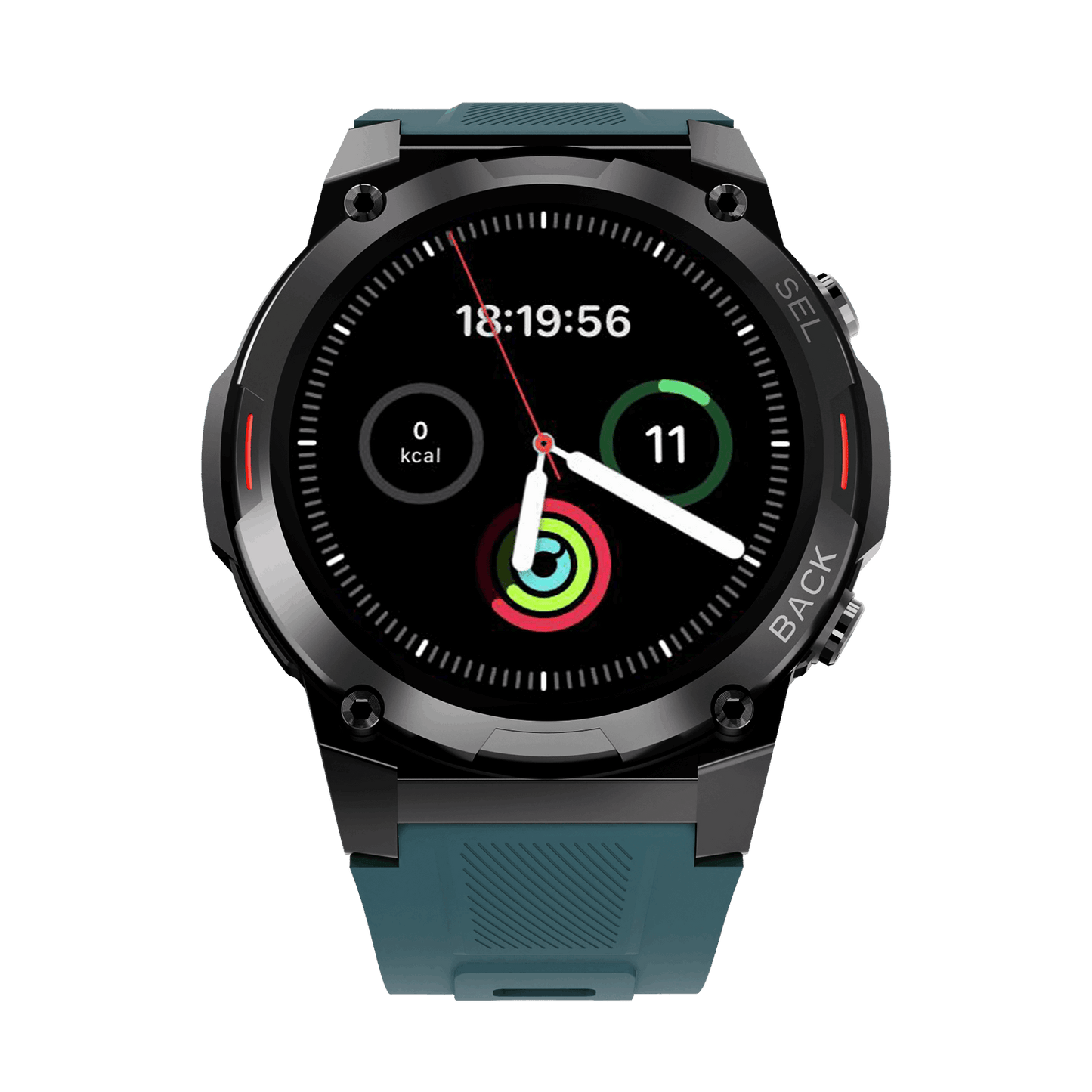 RONiN R-011 smartwatch in black with green silicone strap, ideal for fitness tracking and Bluetooth calling on the go.