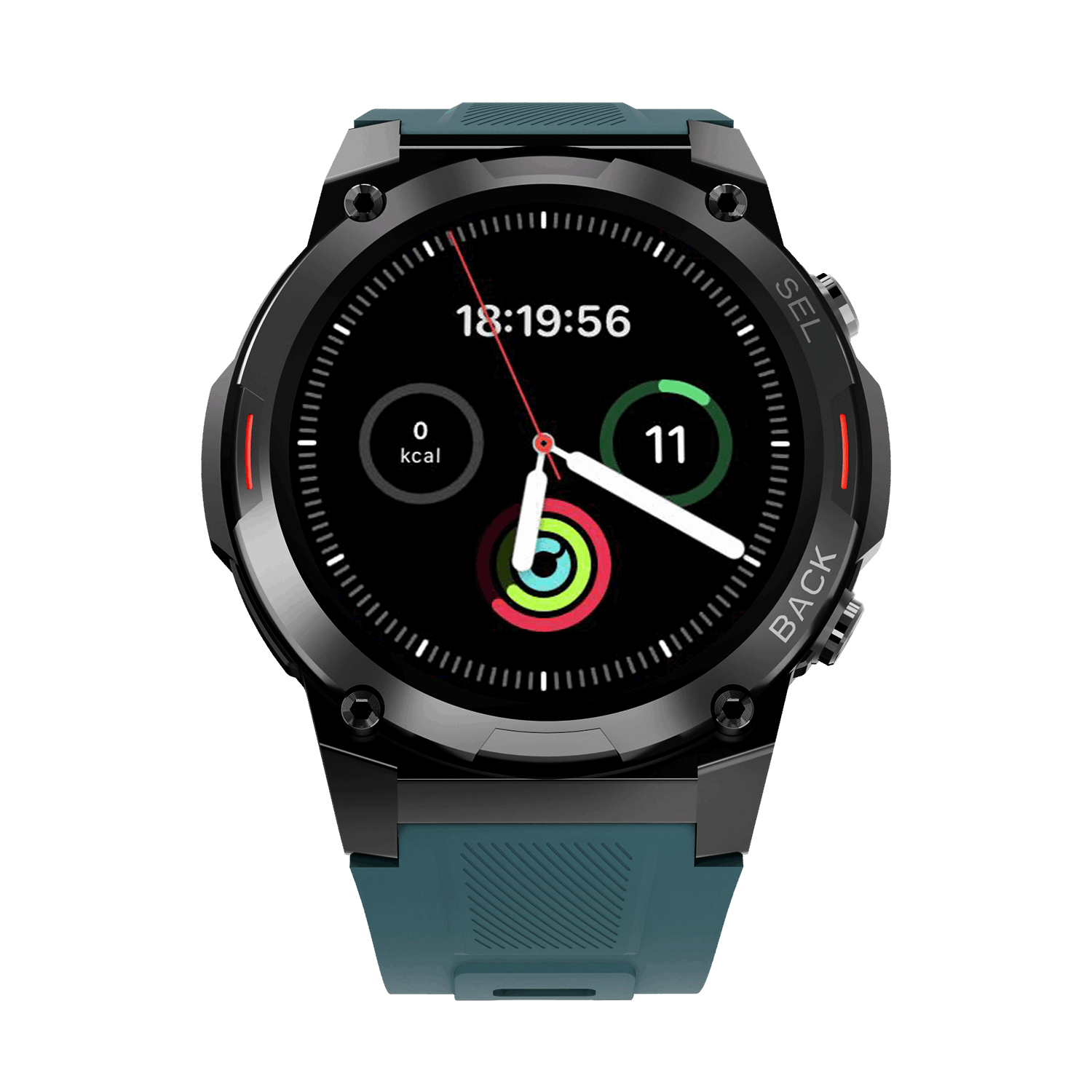 RONiN R-011 smartwatch in black with green silicone strap, ideal for fitness tracking and Bluetooth calling on the go.