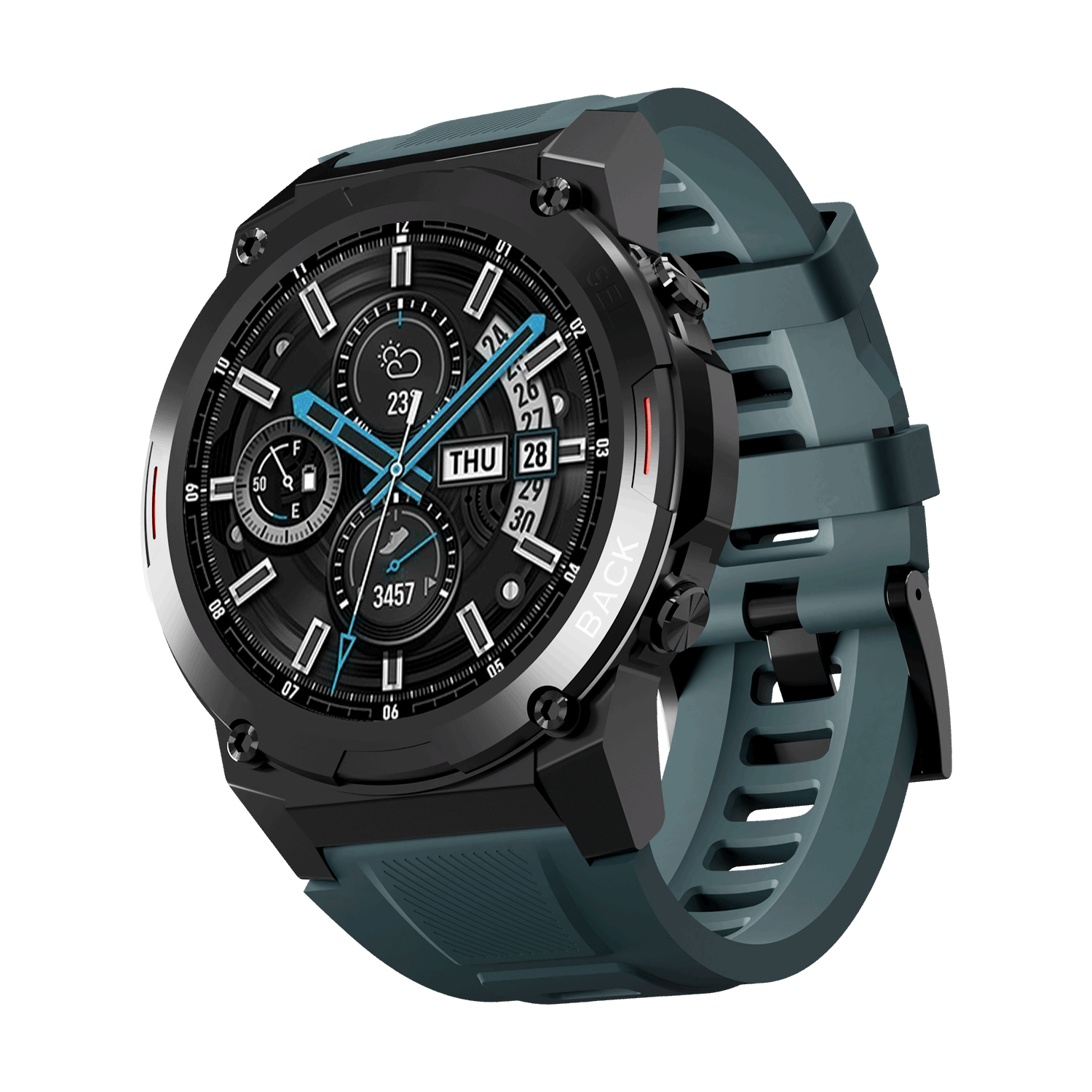 RONiN R-011 smartwatch in black with green silicone strap, ideal for fitness tracking and Bluetooth calling on the go.