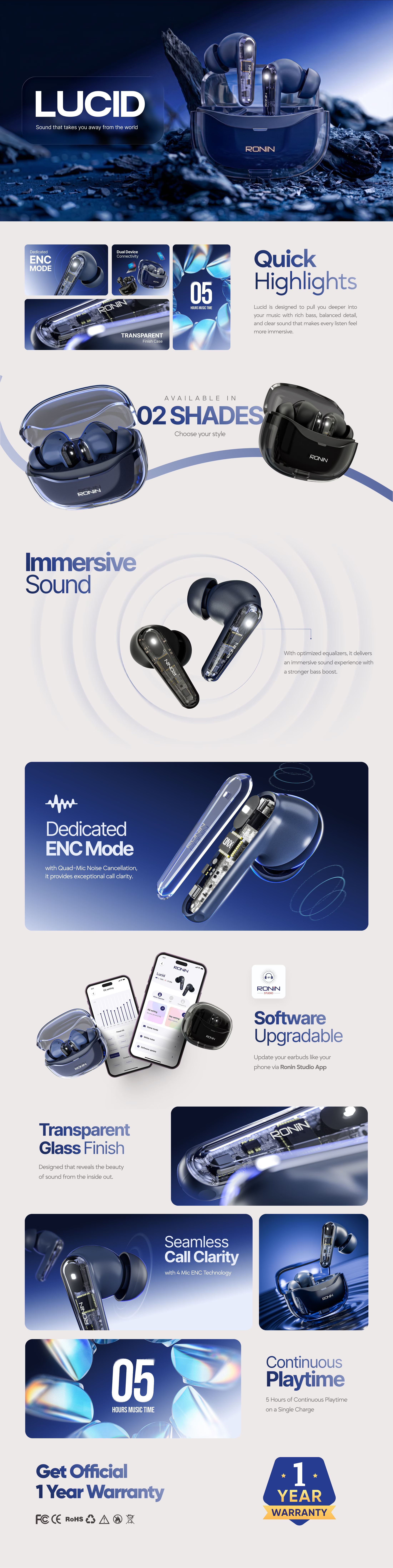 Ronin R-7135 Lucid Wireless Earbuds in charging case with a sleek, minimalist finish