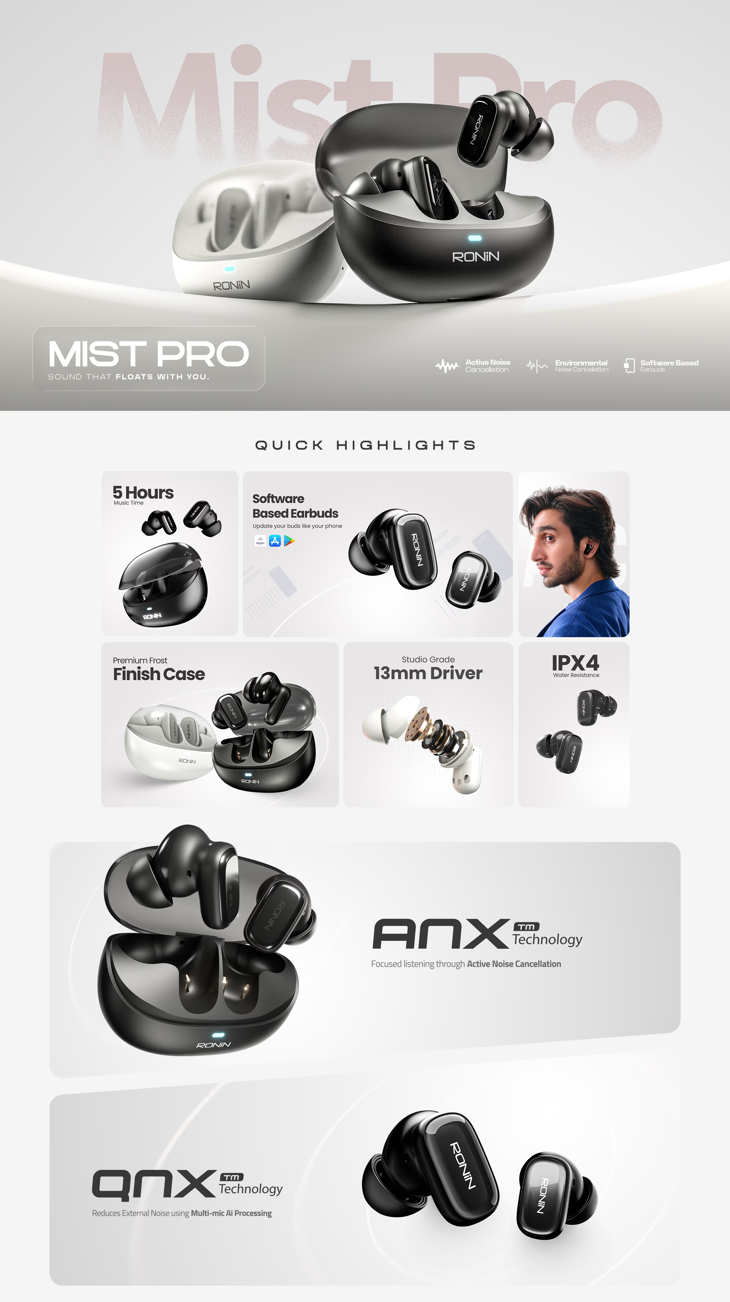 Ronin R-7125 Mist Pro Wireless Earbuds in charging case with a sleek, minimalist aesthetic