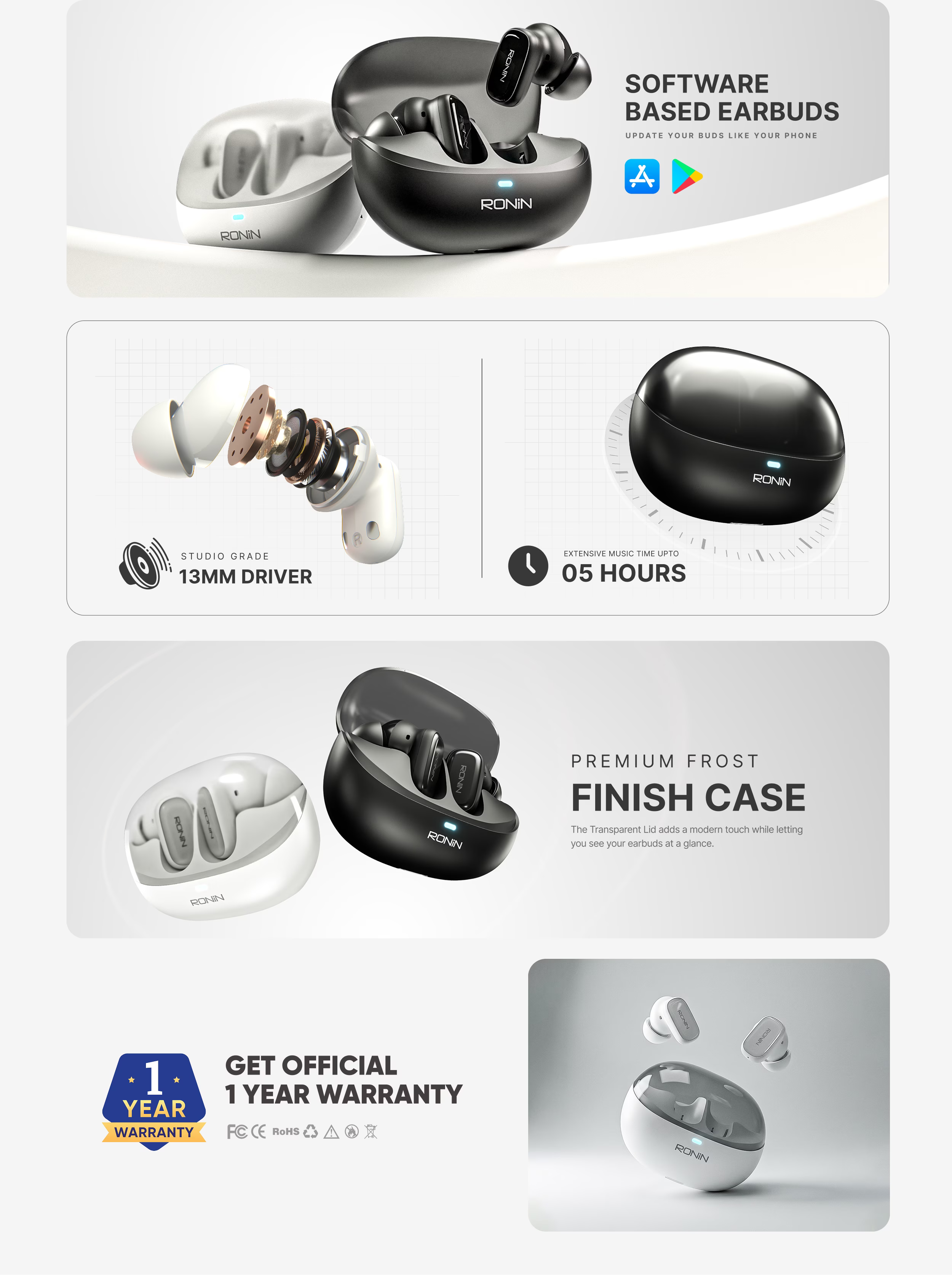 Ronin R-7125 Mist Pro Wireless Earbuds in charging case with a sleek, minimalist aesthetic