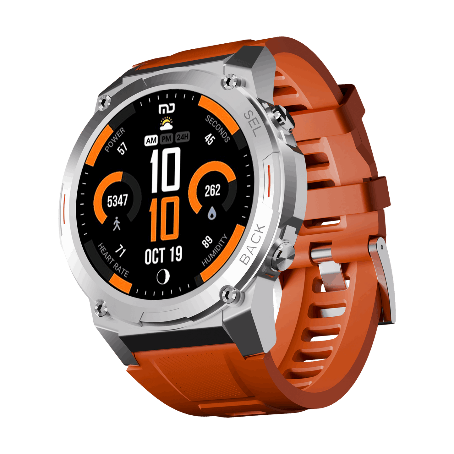 Silver RONiN R-011 smartwatch with orange strap, blending sporty design with versatile fitness and sleep tracking features.