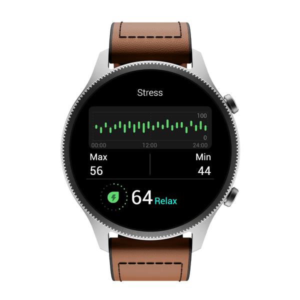 RONiN R-010 Ultra Smart Watch in silver paired with a brown leather strap, offering style and comprehensive fitness monitoring.