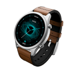 RONiN R-010 Ultra Smart Watch in silver paired with a brown leather strap, offering style and comprehensive fitness monitoring.