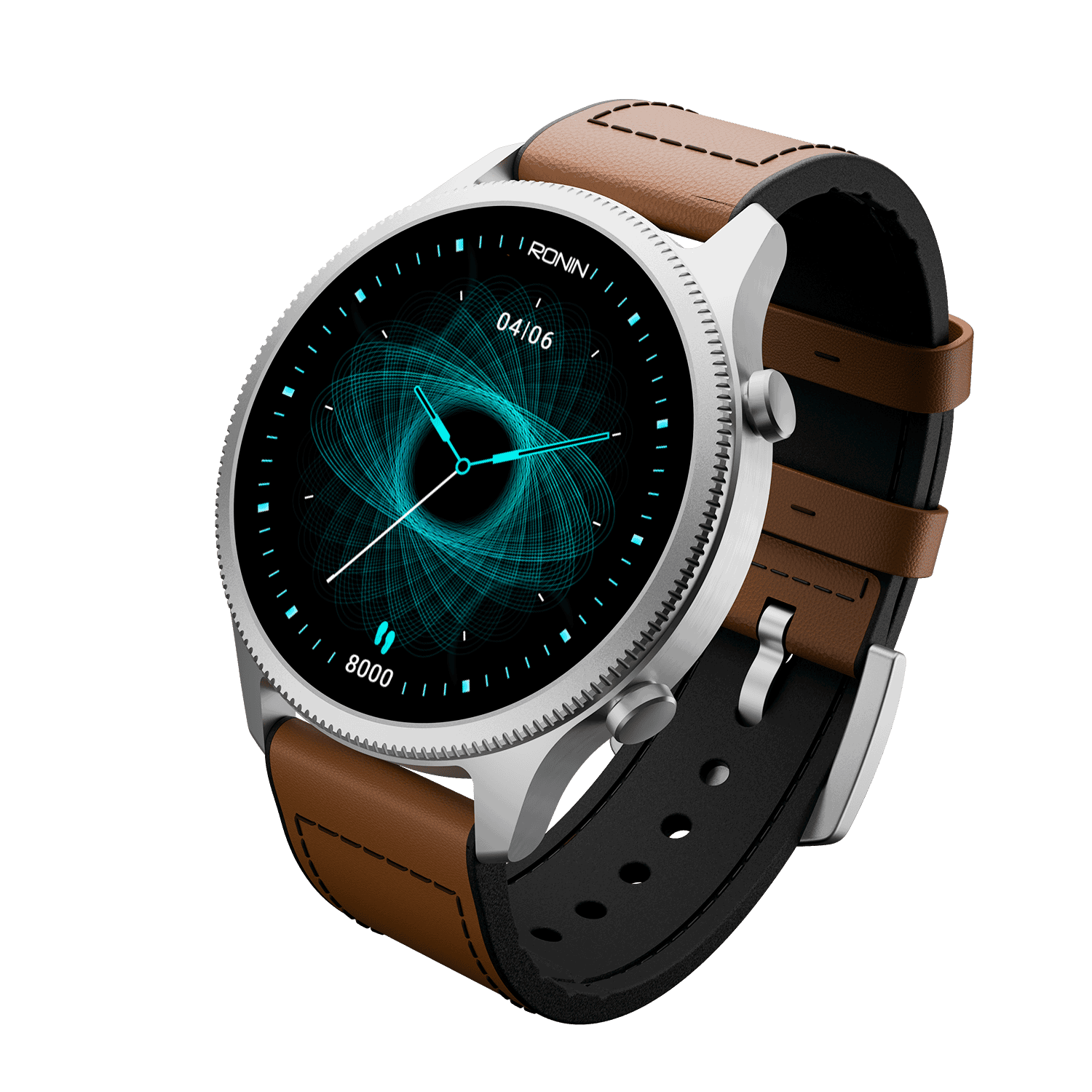 RONiN R-010 Ultra Smart Watch in silver paired with a brown leather strap, offering style and comprehensive fitness monitoring.