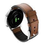 RONiN R-010 Ultra Smart Watch in silver paired with a brown leather strap, offering style and comprehensive fitness monitoring.