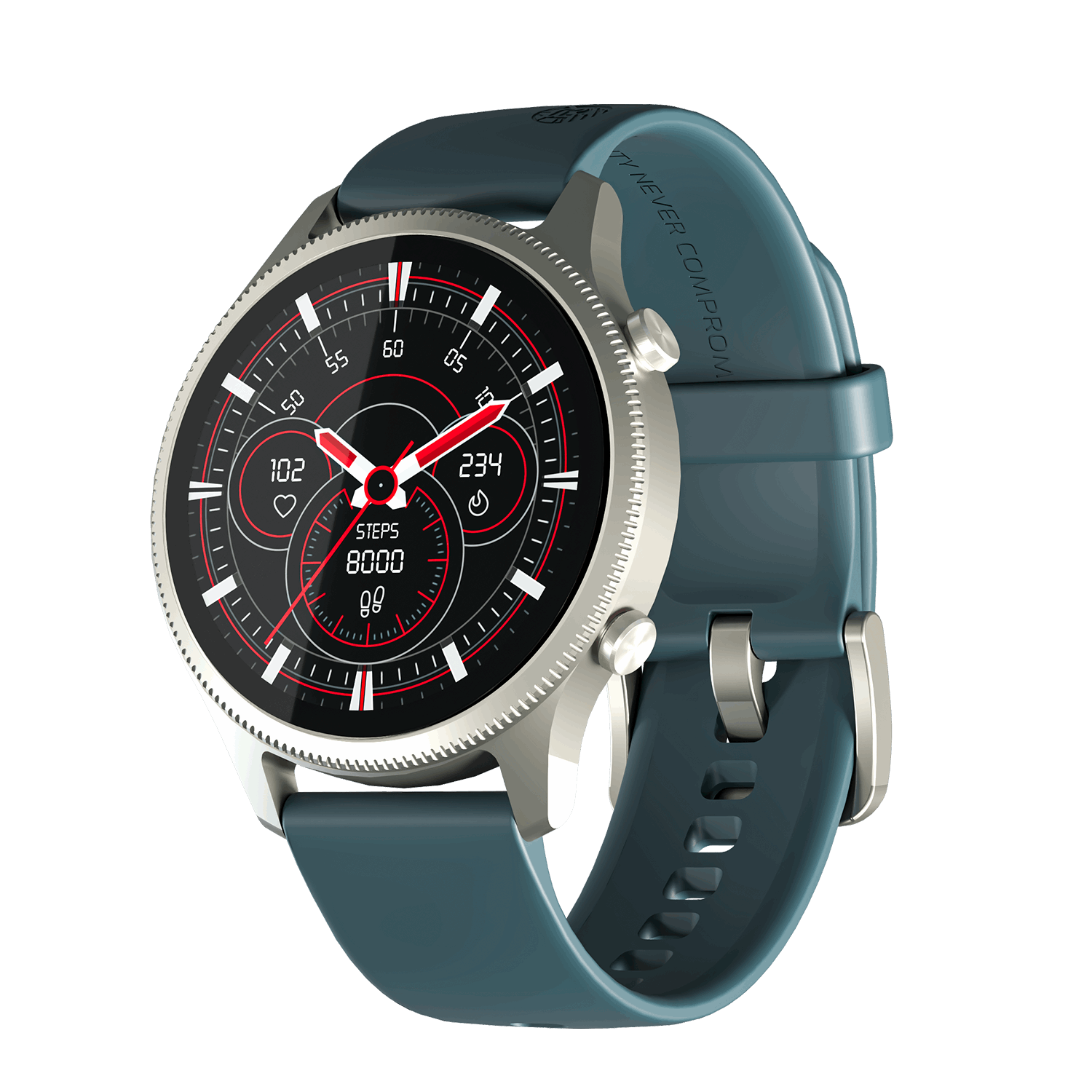 RONiN R-010 Smart Watch in nickel with teal strap, showcasing its advanced health monitoring sensors.