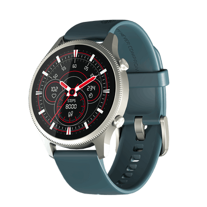 RONiN R-010 Smart Watch in nickel with teal strap, showcasing its advanced health monitoring sensors.