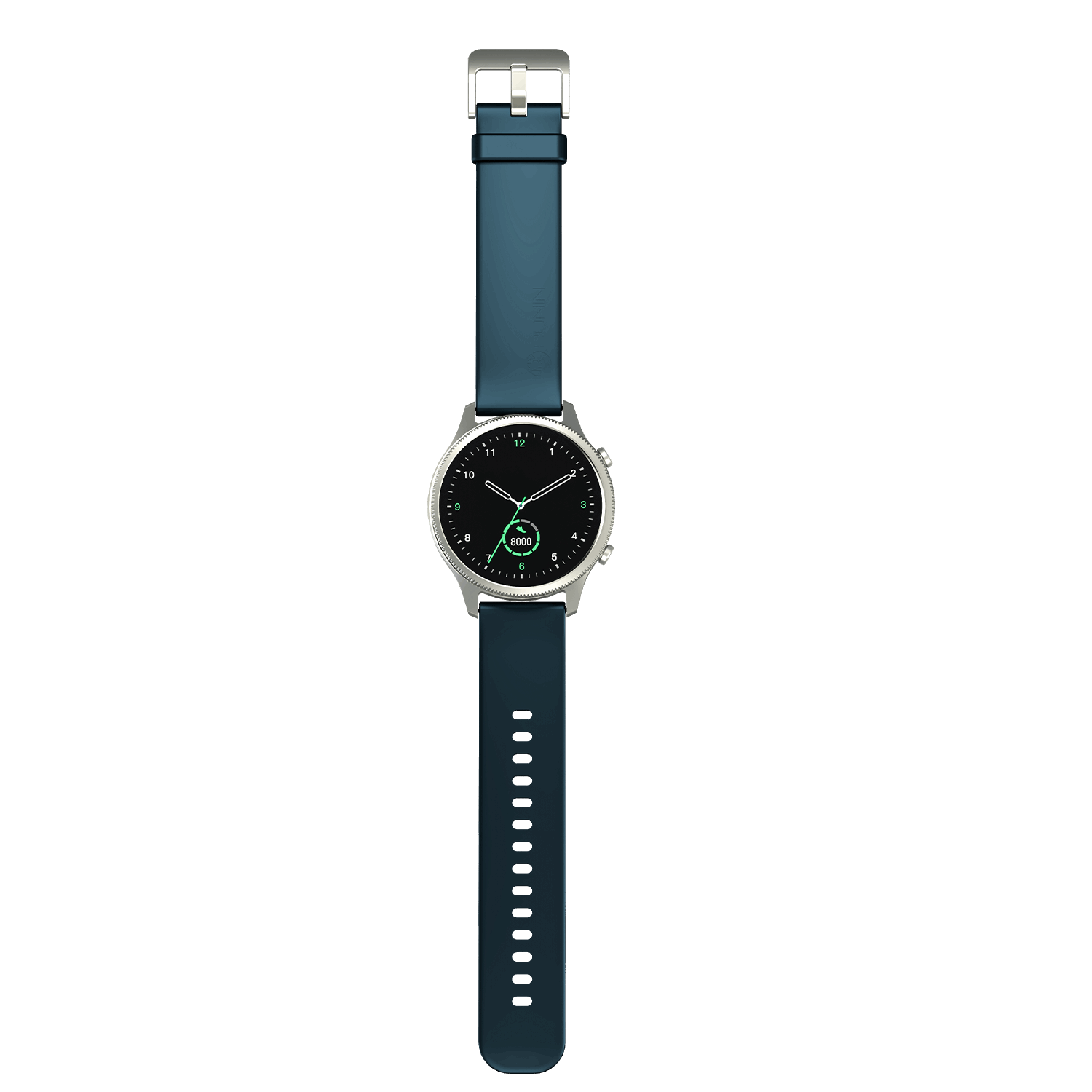 RONiN R-010 Smart Watch in nickel with teal strap, showcasing its advanced health monitoring sensors.