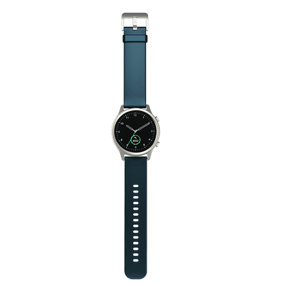 RONiN R-010 Smart Watch in nickel with teal strap, showcasing its advanced health monitoring sensors.