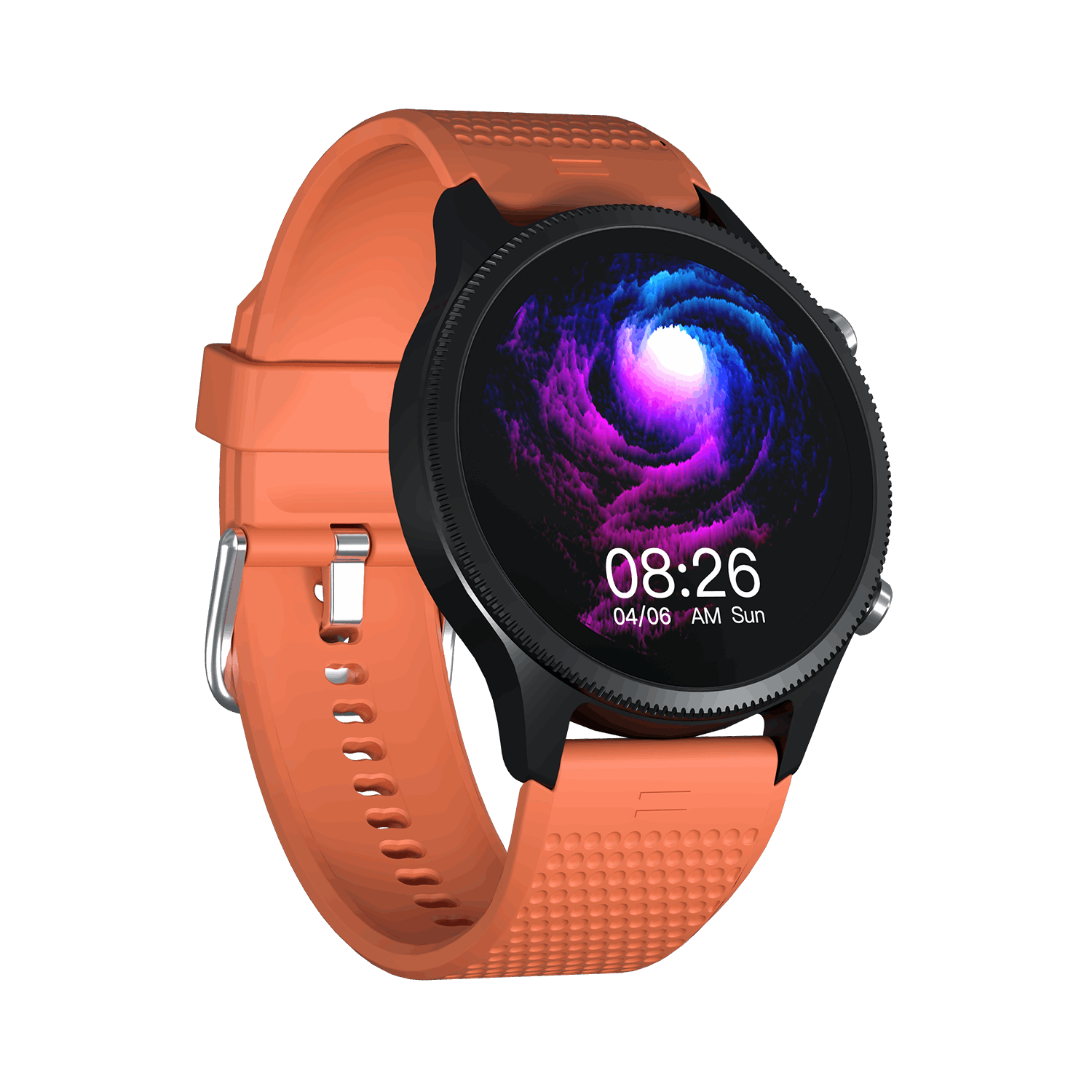 RONiN R-010 Smart Watch with a nickel black dial and orange silicone strap, featuring a 1.43-inch AMOLED display.