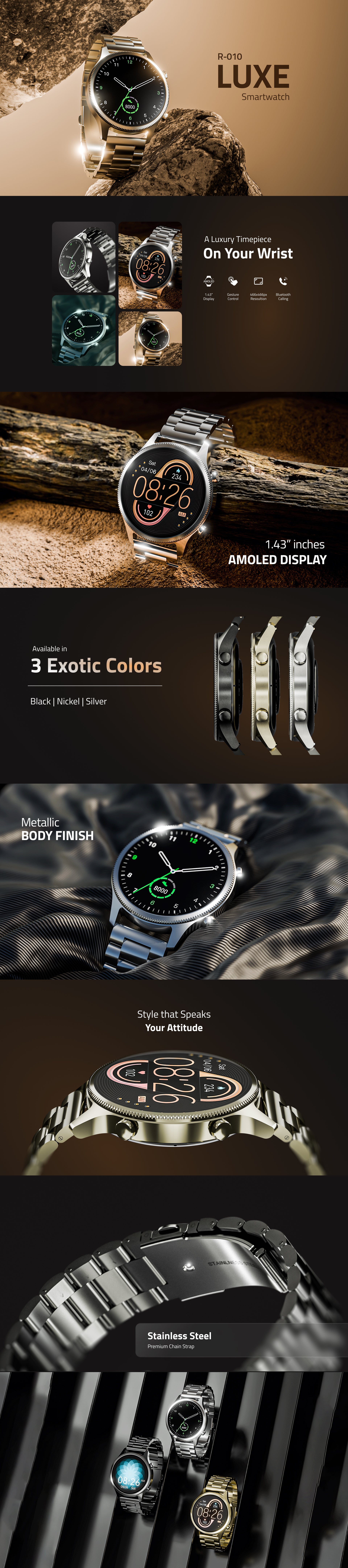 Ronin R-010 Luxe Smart Watch – AMOLED Display, Bluetooth Calling & Fitness Tracking | Premium IP68 Smartwatch