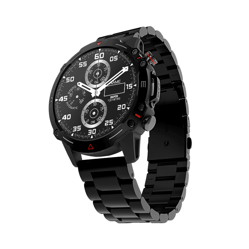 RONiN R-012 LUXE Smart Watch in black with a sleek chain strap, featuring a high-resolution AMOLED display for vibrant visuals.