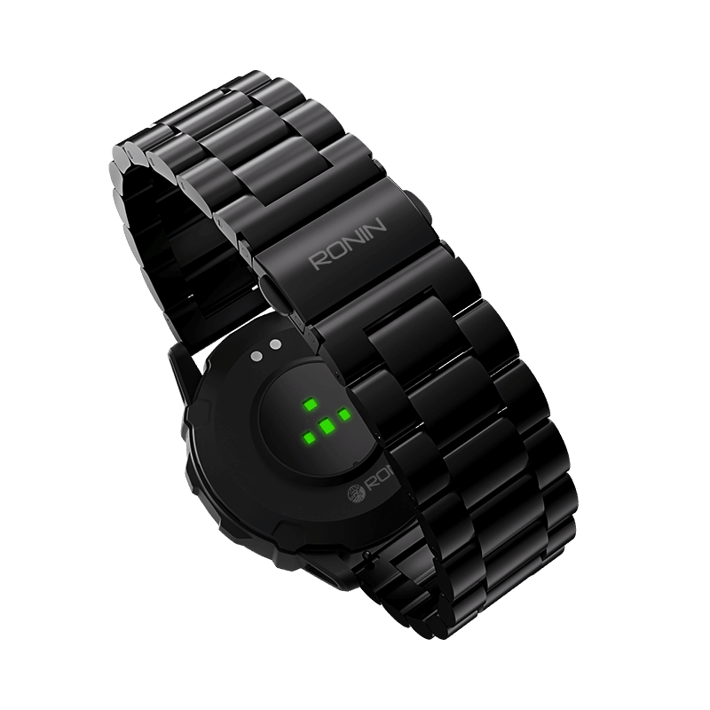 RONiN R-012 LUXE Smart Watch in black with a chain strap, offering features like heart rate monitoring and step tracking.