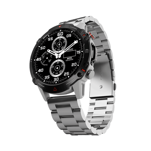 Silver RONiN R-012 LUXE Smart Watch, equipped with multiple health sensors and a durable IP68 water-resistant design.