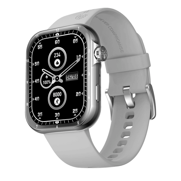 RONiN R-09 Smart Watch with silver nickel finish and grey strap, featuring a vibrant AMOLED display for easy readability.