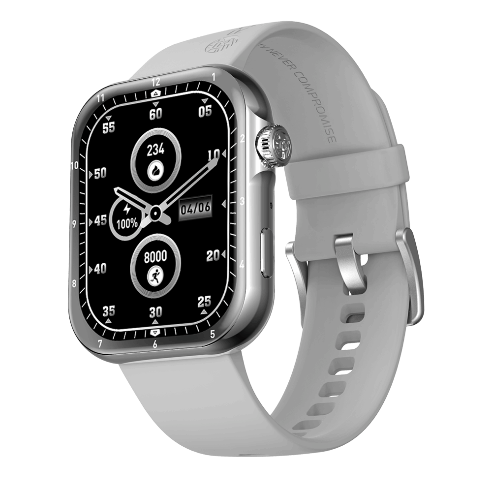 RONiN R-09 Smart Watch with silver nickel finish and grey strap, featuring a vibrant AMOLED display for easy readability.